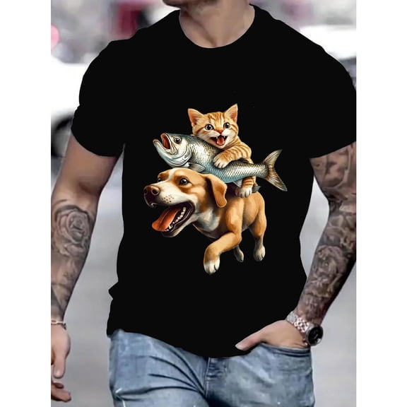 Men's Black Print Tshirt Graphic Tees Shirts Funny Cat Holding Fish Riding Dog Design Casual Tops S-5XL