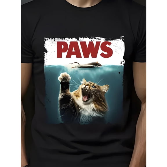 Men's Black Print Tshirt Graphic Tees Shirts Funny Paws Cat Chasing Mouse Movie Parody Design Casual Tops S-5XL
