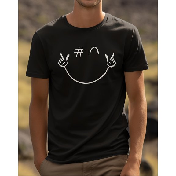 Men's Black Print Tshirt Graphic Tees Shirts Retro Smile Face Rock Hand Gesture Humor S-5XL Tops