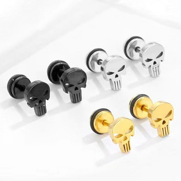 Men's Black Punisher Skull Stud Earrings, Gothic Punk Retro Rock Earrings, Screw Back Stud