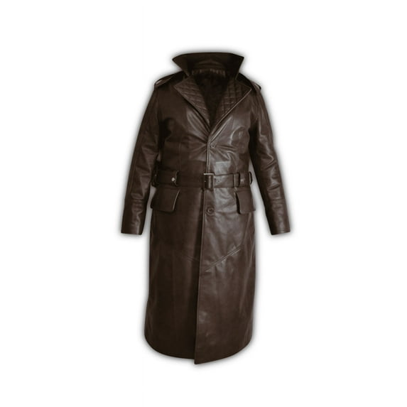 Men's Black Quilted Brown Long Hooded Genuine Leather Coat