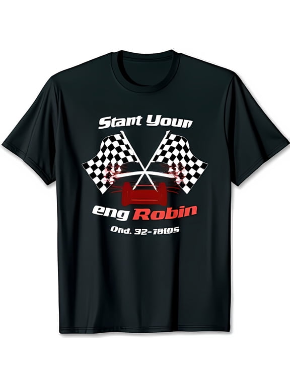 Men's Black Racing Graphic T-Shirt with Checkered & Red Race Car Design