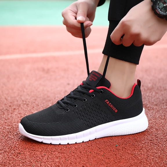 Men's Black Red Accent Breathable Mesh Lightweight Running Sneakers