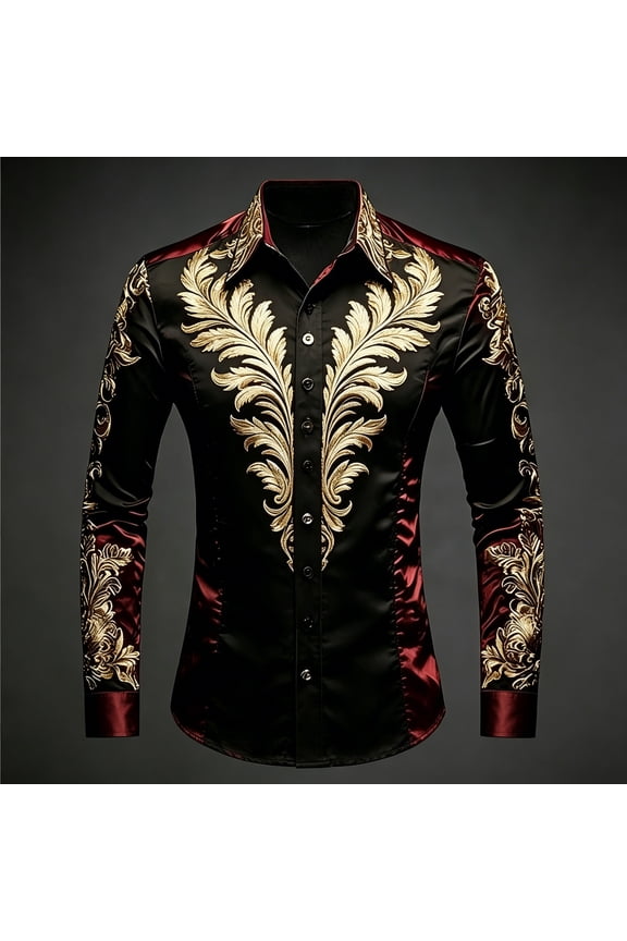 Men's Black & Red Baroque Gold Print Long Sleeve Shirt, Retro Palace Style, Luxurious & Regal Vibe, Formal Wear, Ideal for Banquet & Party Occasions