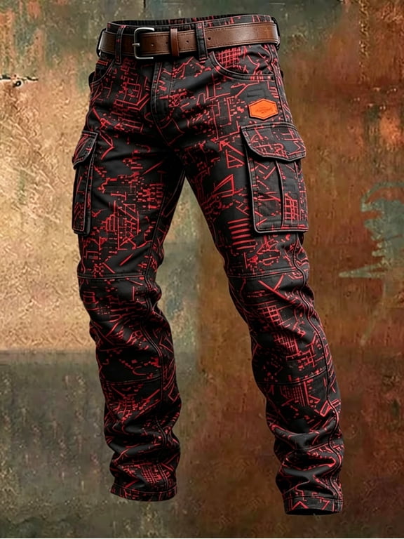Men's Black Red Geometric Circuit Print Cargo Pants, Punk Utility Style, Sharp & Cool Vibe, Adult All-season Wear for Street & Trend Occasions.