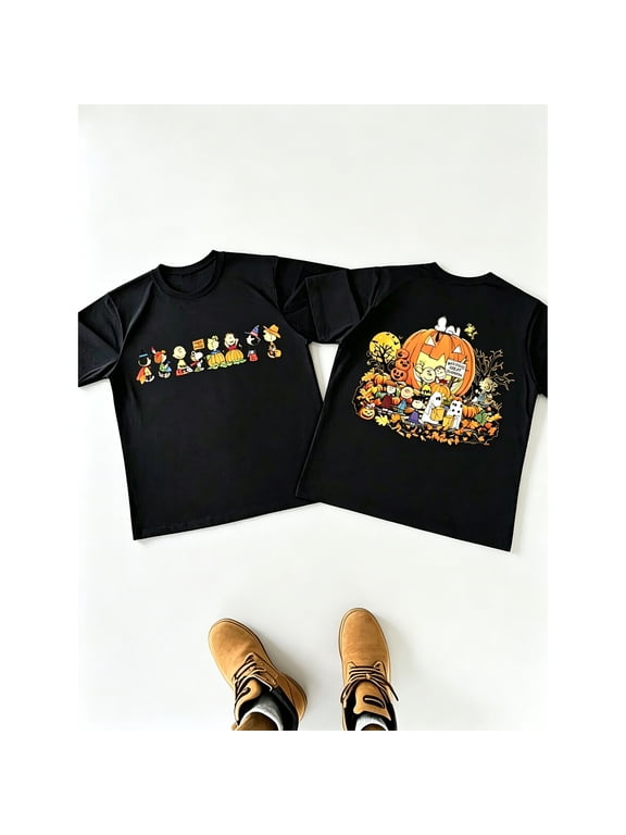 Men's Black Relaxed Fit Peanuts Gang Halloween Trick or Treat Graphic Tee