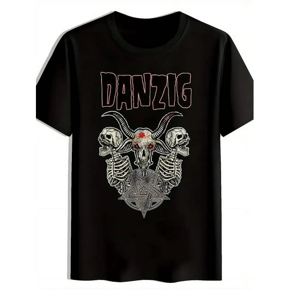 Men's Black Retro Rock Band Graphic T-Shirt - Summer Casual Crew Neck Tee with "Danzig" Print, Skull & Crossbones Design