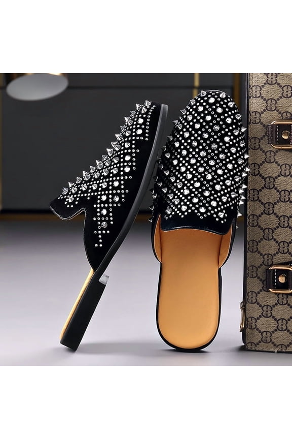 Men's Black Rhinestone & Spiked Mule Slides, Slip-On Backless Casual Loafers with Sparkle Embellishments