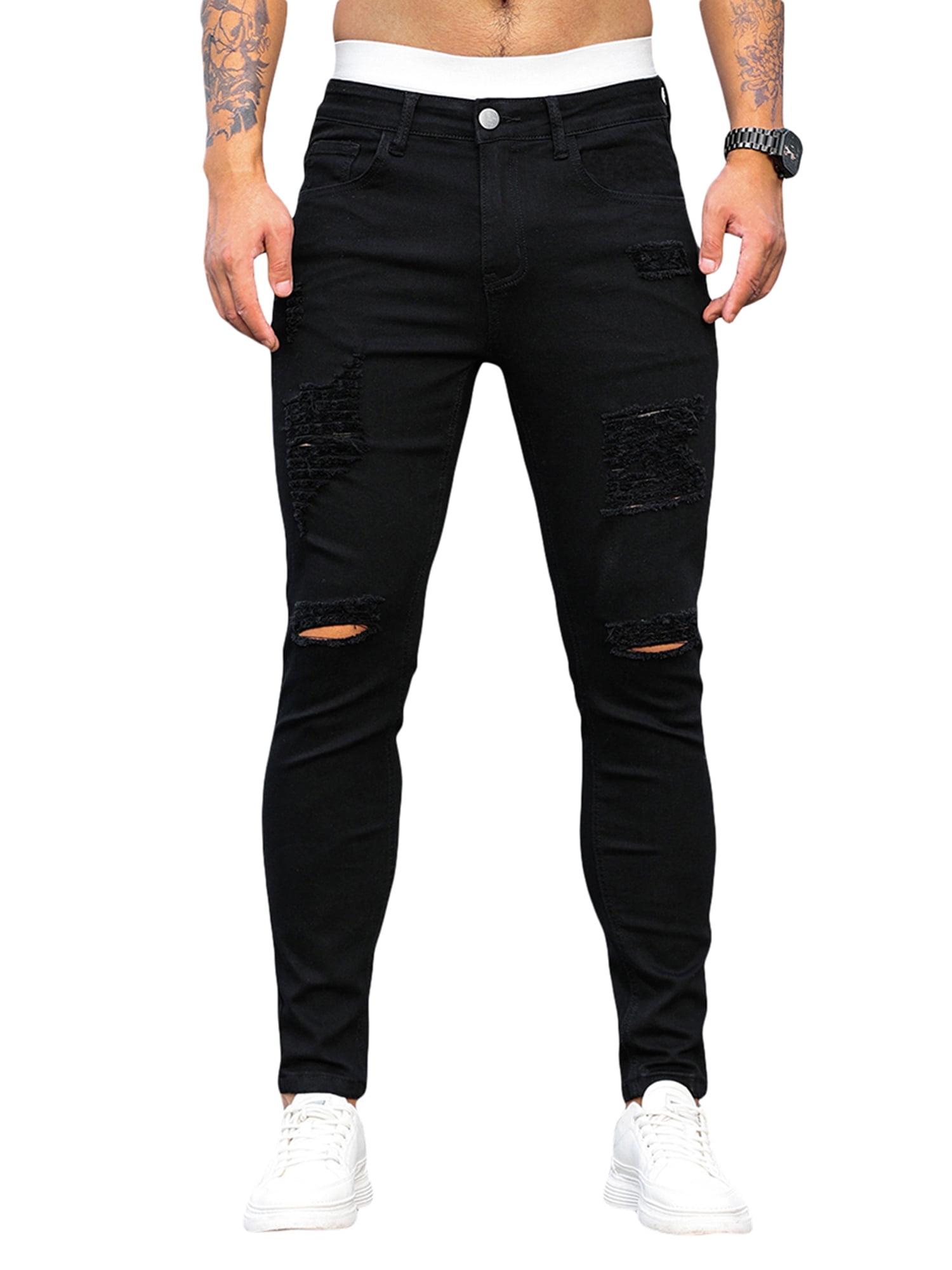 en gang dør Låne Men's Black Ripped Jeans Slim Fit Skinny Stretch Jeans Pants - Walmart.com