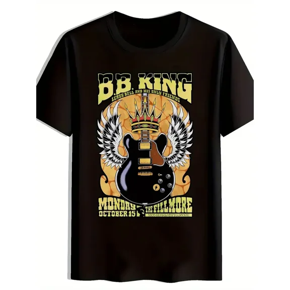 Men's Black Rock Band Graphic T-Shirt - KING & Korn Monarch Crown Guitar Print, 100% Polyester Lightweight 180gsm,