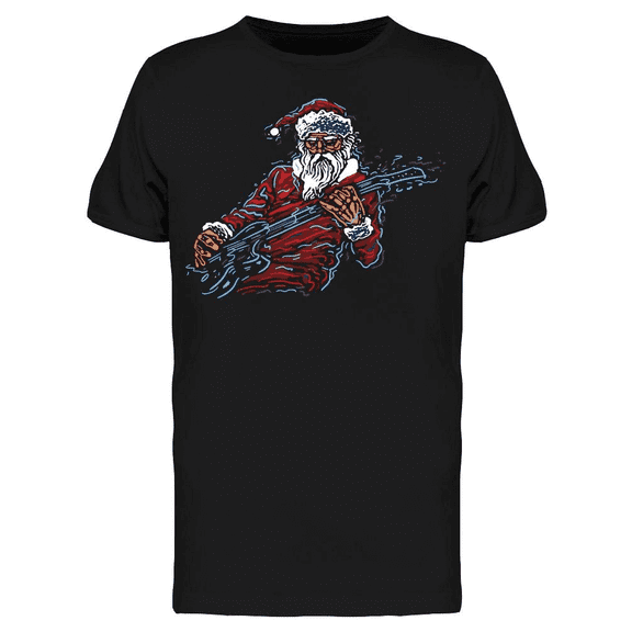 Men’s Black Rock Santa Playing Guitar Christmas T-Shirt