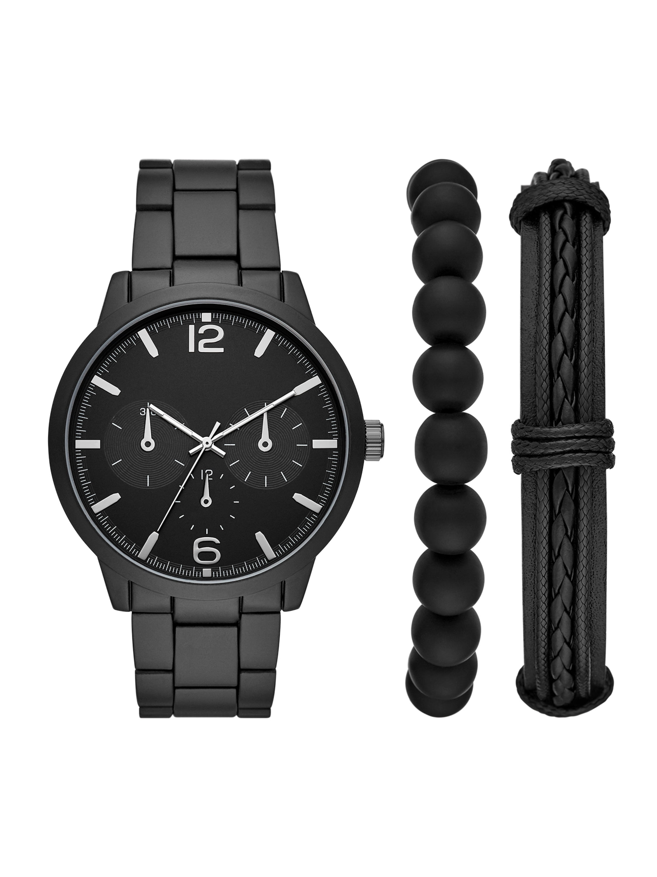 Men's Black Round Analog Watch with Two Bracelets and Travel Bag