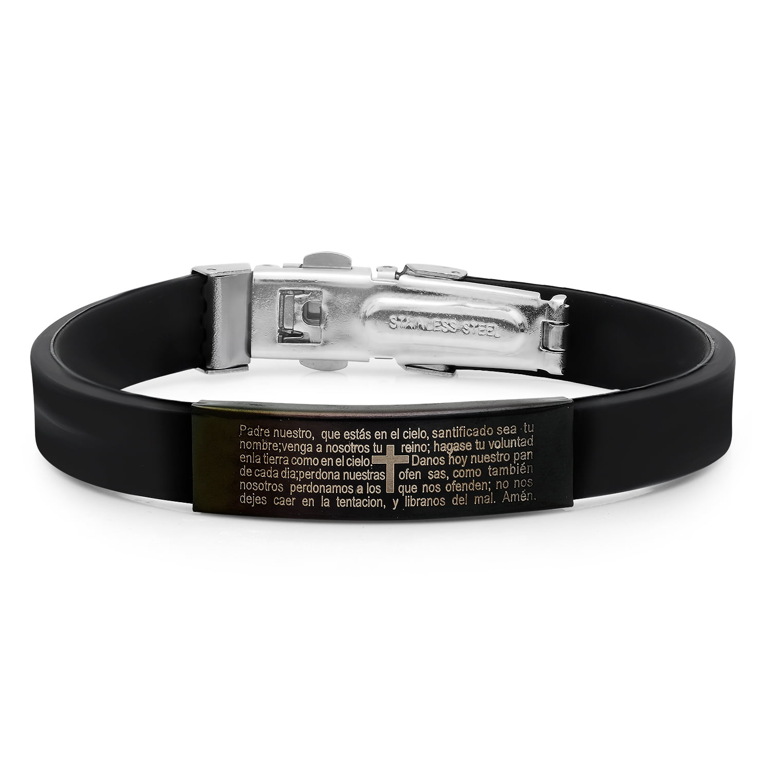 Men's Black Rubber Bracelet With Black IP Stainless Steel with Padre Nuestro Prayer Accent