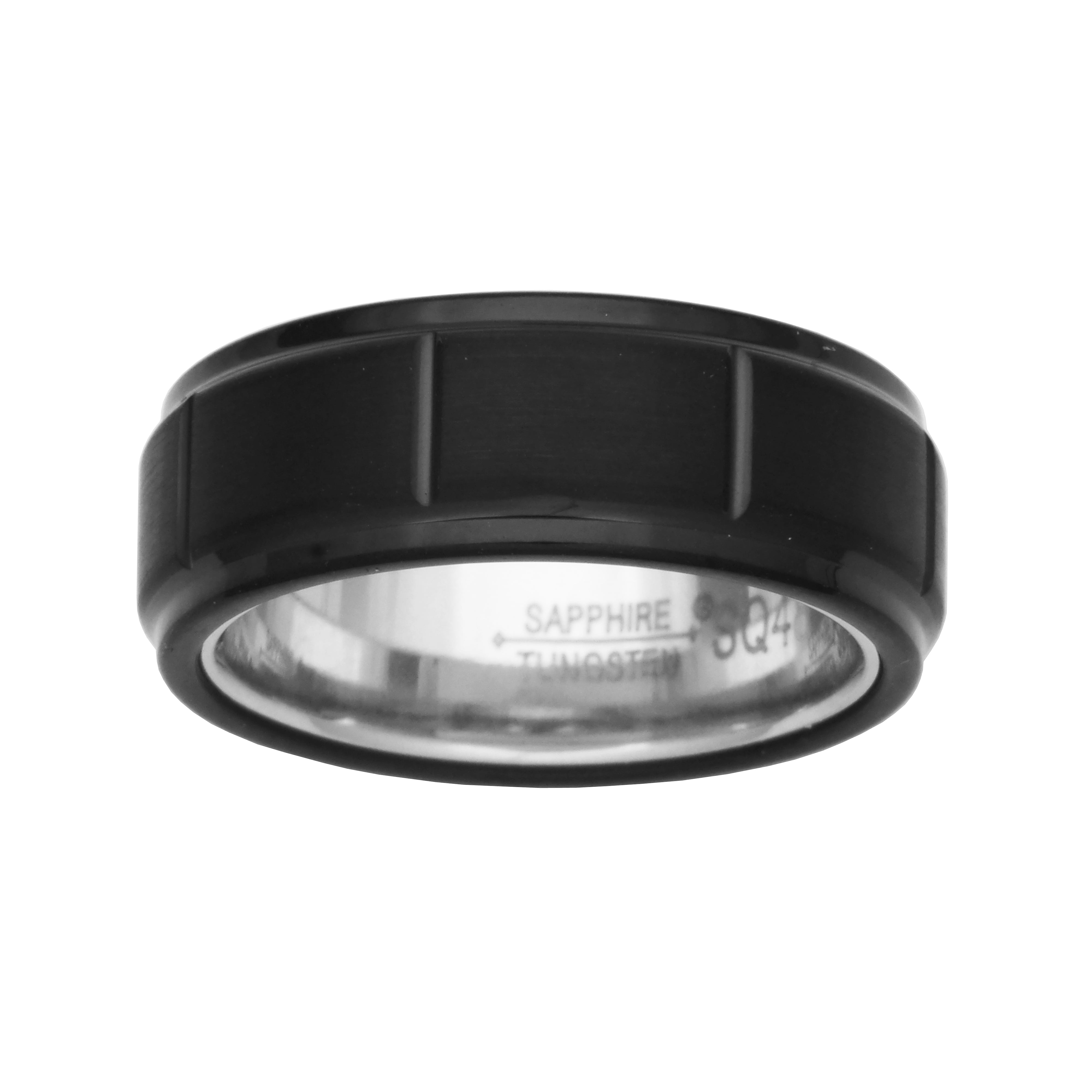 Men's Black Sapphire Tungsten 8mm Titanium with White PVD Interior Comfort Fit Wedding Band, Size 10.5