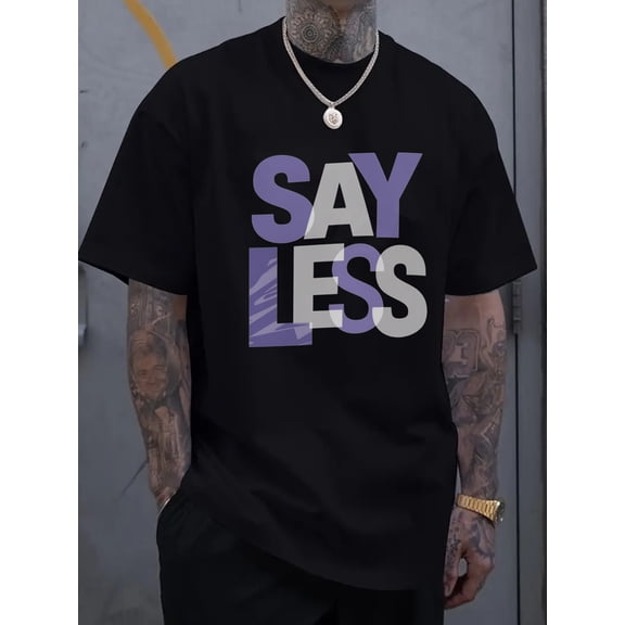 Men’s Black “Say Less” Purple White Letter Print Breathable Cotton Crew Neck Short Sleeve T-Shirt for Casual Daily Wear