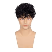 Mens Black Short Curly Hair Wig Fluffy Small Curly Head Cover Breathable, lightweight