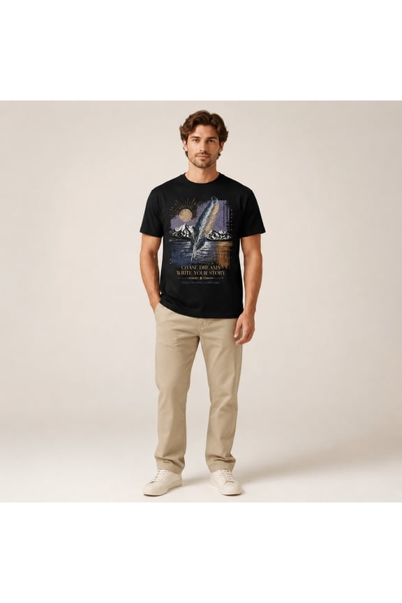 Men's Black Short Sleeve Crew Neck T-Shirt, Chase Dreams Write Your Story Feather Mountain Graphic Tee, Casual Summer Outdoor Top