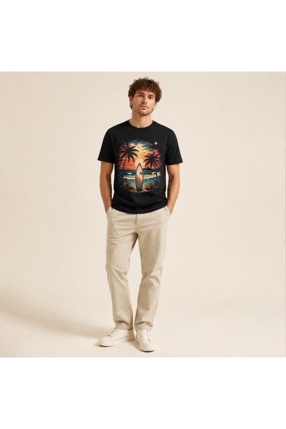Men's Black Short Sleeve Crew Neck T-Shirt, Tropical Surfboard Beach Sunset Graphic Tee, Casual Summer Vacation Top