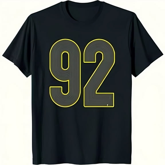 Men's Black Short Sleeve T-Shirt with Large Textured Yellow Number 92 Design