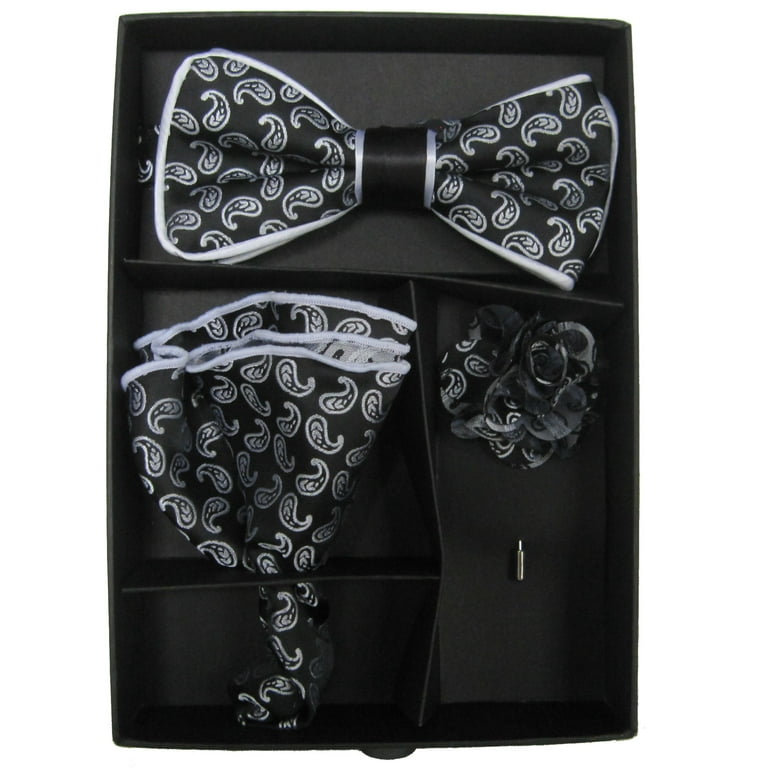 Black and Gold Mens Bow Tie Lapel Flower Gift Set Bow Tie Square and Pin Set