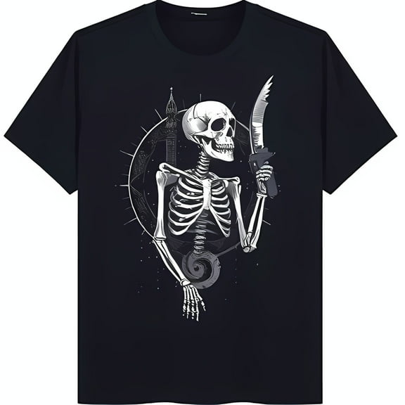 Men's Black Skeleton Graphic T-Shirt with & Star Design Dark Aesthetic