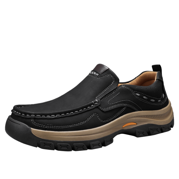 Men's Black Slip-On Thick Sole Outdoor Leather Casual Shoes