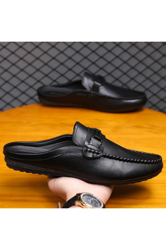 Men's Black Smooth Leather Backless Mule Loafers, Metal Buckle Slip On Flat Driving Slides
