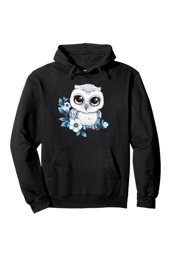 Men's Black Snowy Owl & White Floral Print Hoodie - Cute Owl with Flowers Pullover, 250g All-Season Casual Sweatshirt, Machine Washable Hooded Sweater for Nature Lovers & Casual Attire