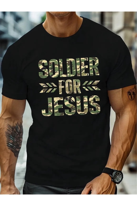 Men's Black "Soldier for Jesus" Camouflage Print Short Sleeve T-Shirt - Casual Cotton Knit, Machine Washable, Refreshing Rainy Day Wear