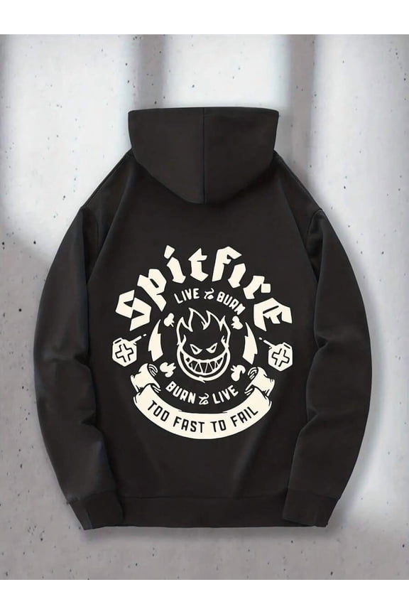 Men's Black Spitfire Flame & Rebellion Slogan Hoodie Sweatshirt - Adjustable Drawstring Hood, Soft Streetwear Pullover With Iconic Logo Print, All-Season Casual Wear, -Inspired Loose Fit