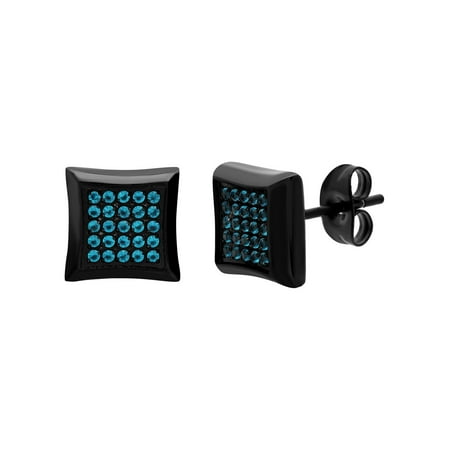 Men's Black Stainless Steel Blue Cubic Zirconia Cluster Square Stud Earrings