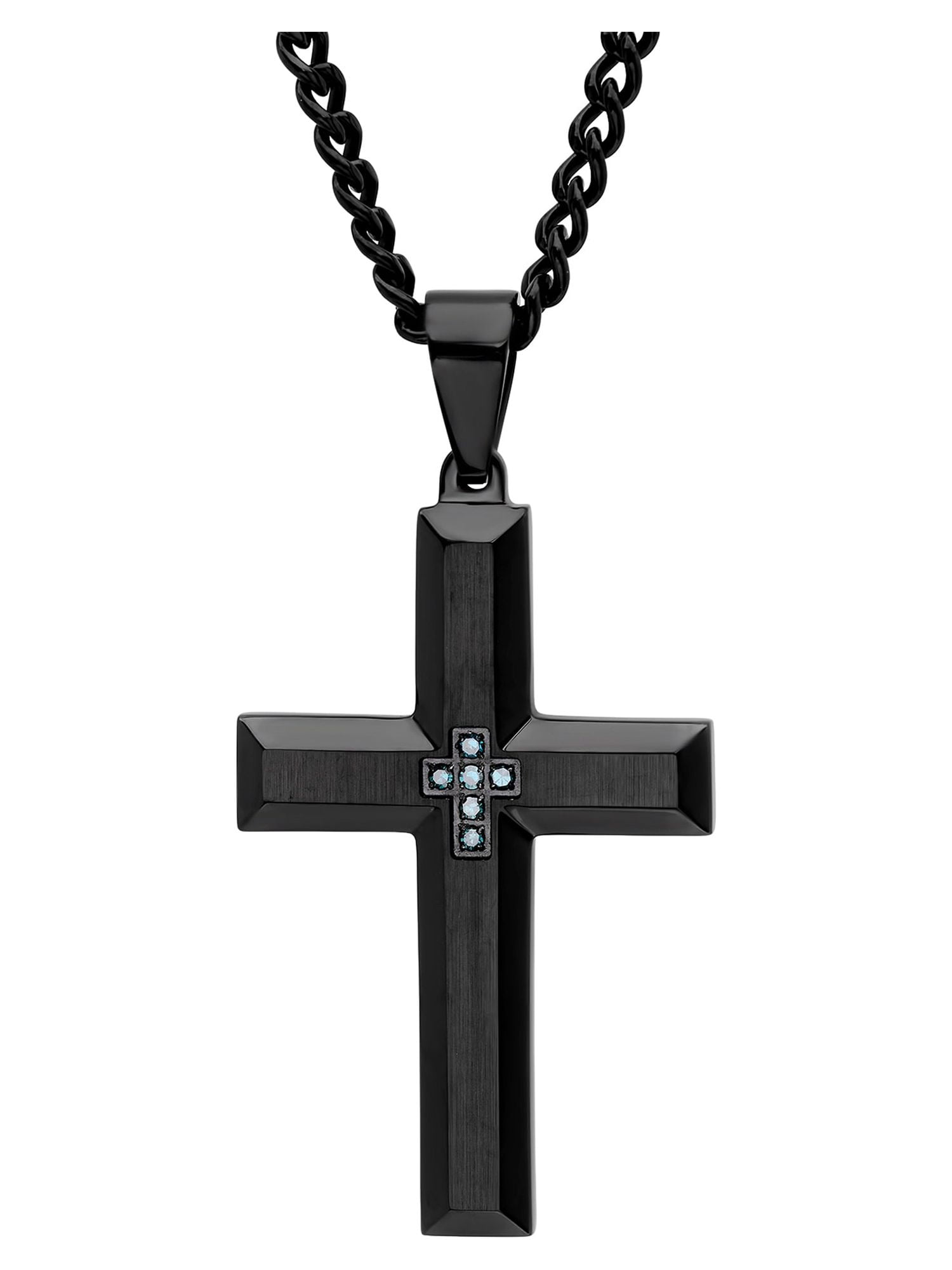 Steel Nation Jewelry Men's Black Stainless Steel Blue Diamond Accent Cross Pendant Necklace