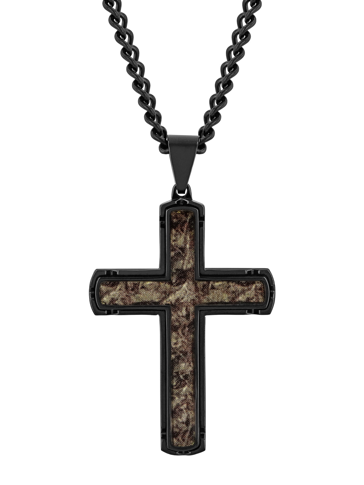 Men's Black Stainless Steel Brown Camo Center Cross Pendant 24 Necklace