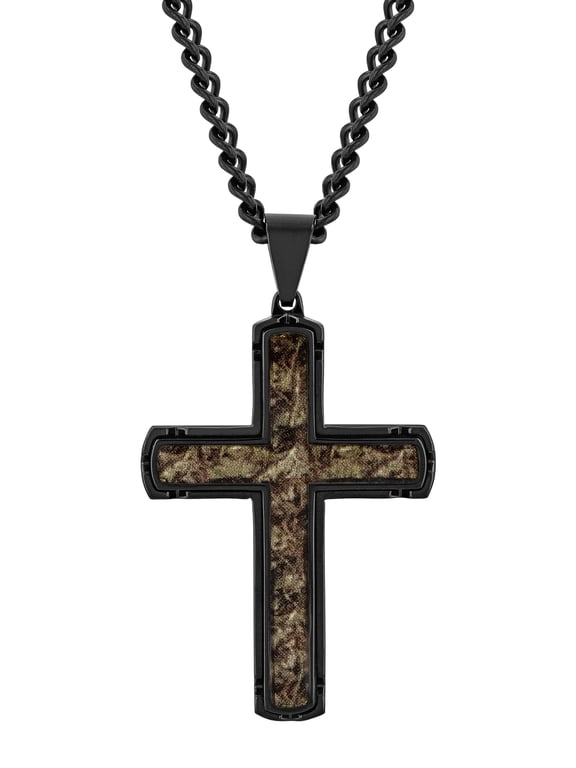 Men's Black Stainless Steel Brown Camo Center Cross Pendant by Brilliance Fine Jewelry - 24" Necklace