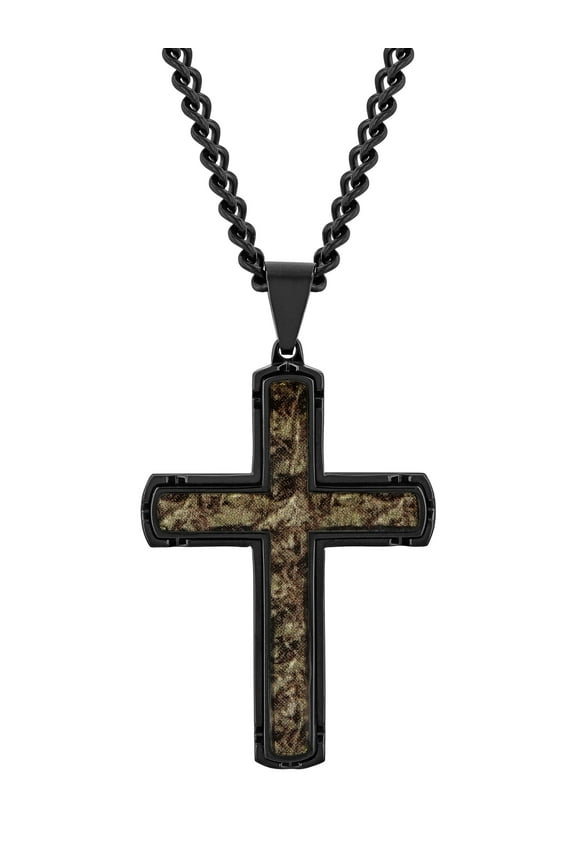 Men's Black Stainless Steel Brown Camo Center Cross Pendant by Brilliance Fine Jewelry - 24" Necklace