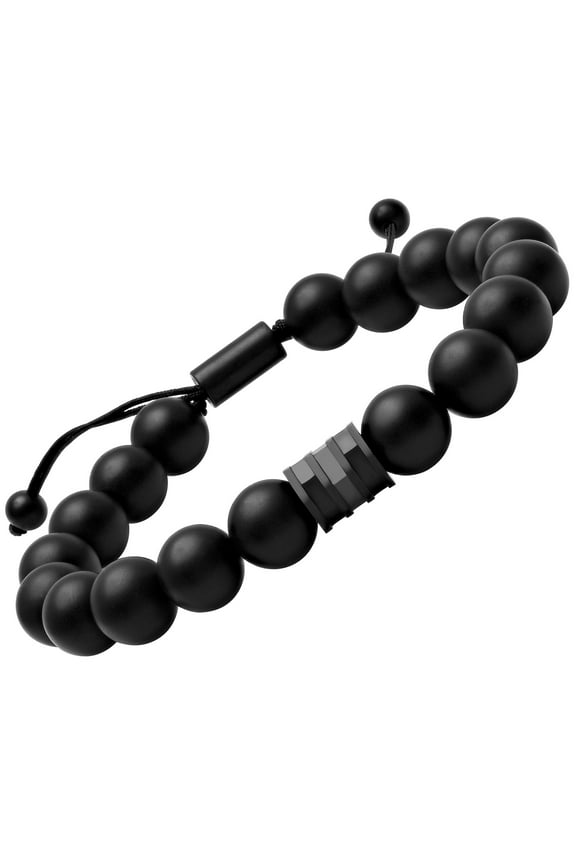 Men's Black Stainless Steel & Matte Onyx Bead Bolo Bracelet