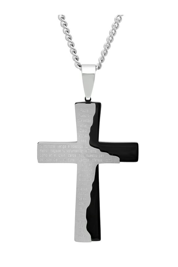 Men's Black Stainless Steel Padre Nuestro Cross Tablet Pendant - Brilliance Fine Jewelry