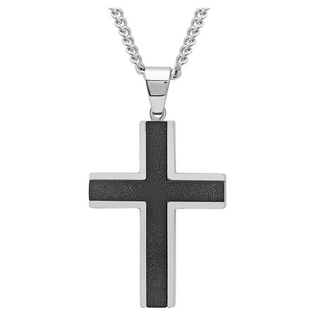 Men's Black Stainless Steel Textured Cross Pendant Necklace