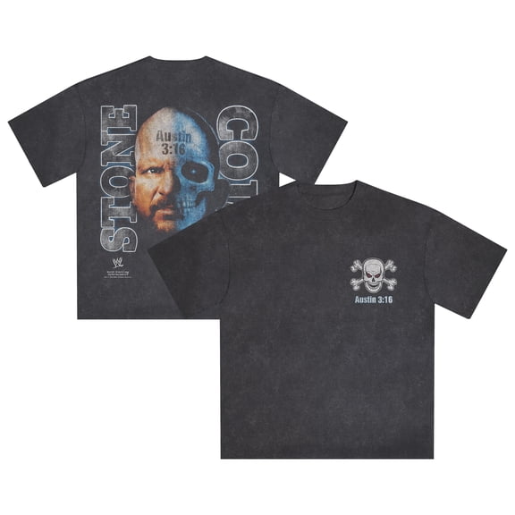 Men's Black "Stone Cold" Steve Austin Two Face Snow Wash T-Shirt