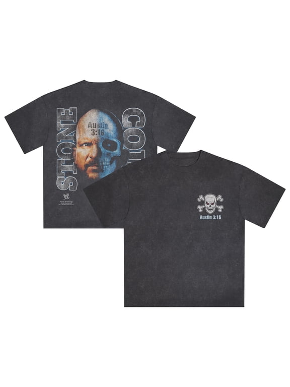 Men's Black "Stone Cold" Steve Austin Two Face Snow Wash T-Shirt