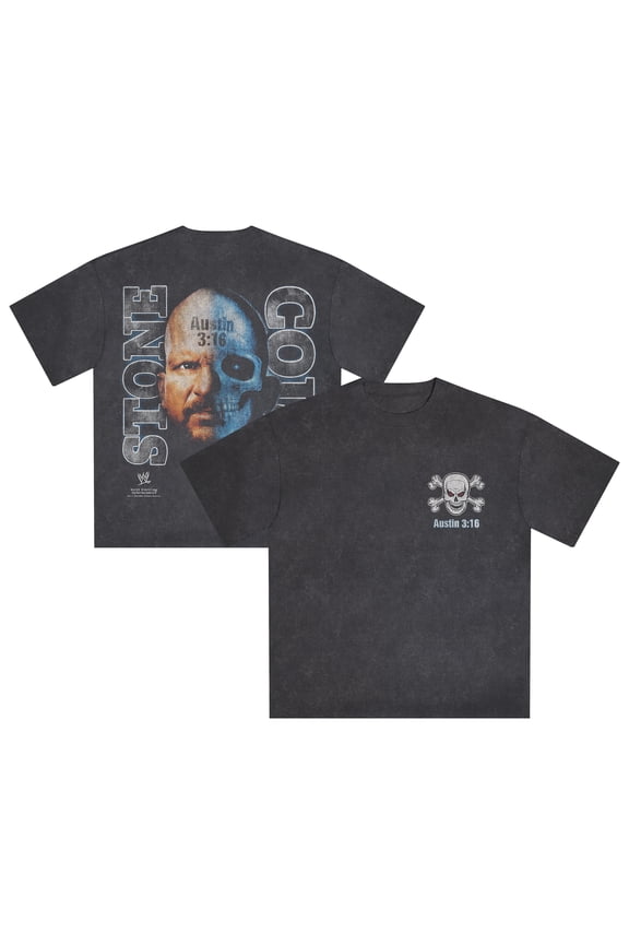 Men's Black "Stone Cold" Steve Austin Two Face Snow Wash T-Shirt