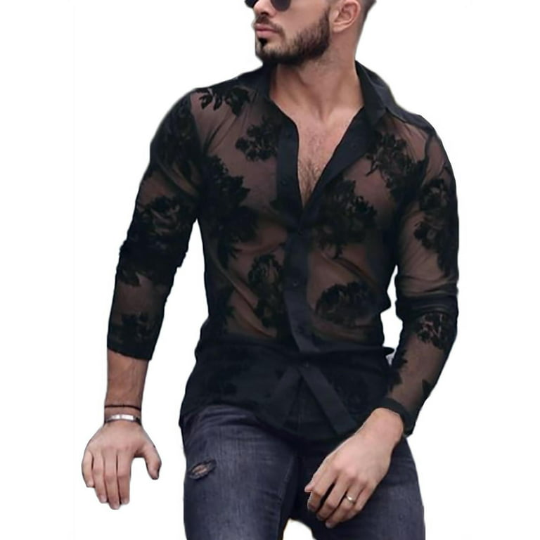 Men's Black Summer Mesh See-through Tops Shirts Long Sleeve Sheer Shirts