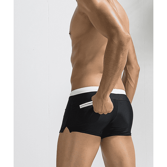 Men's Black Swim Trunks Square-Cut With Pocket Quick Dry Swimsuit Bathing Suit