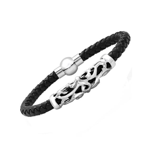 Men’s Black Synthetic Leather and Stainless Steel Baroque Charm - Mens Bracelet, 8.5”