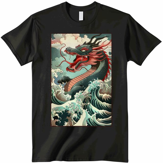 Men's Black T Shirt: Exquisite Chinese Dragon Design Ocean Waves ...