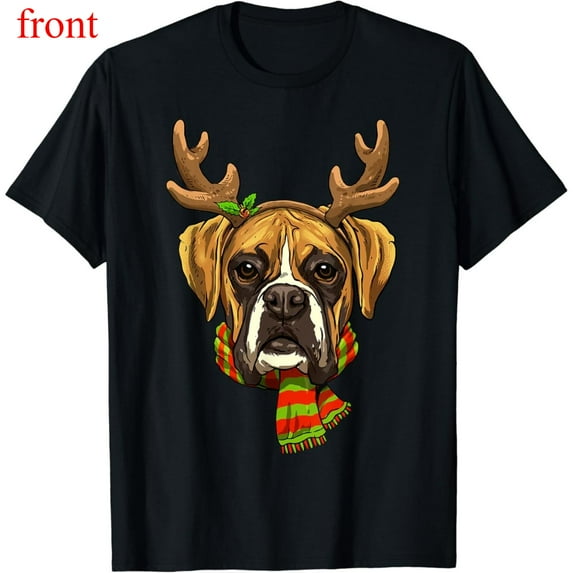 Men's Black T-Shirt Graphic Tees Christmas Boxer Dog With Antlers & Scarf Holiday Design Shirts S-5XL Casual Daily Tops