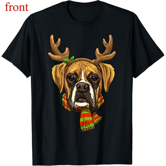 Men's Black T-Shirt Graphic Tees Christmas Boxer Dog With Antlers & Scarf Holiday Design Shirts S-5XL Casual Daily Tops