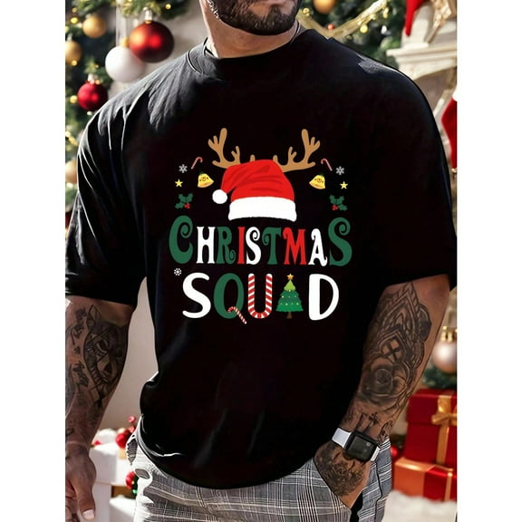 Men's Black T-Shirt Graphic Tees "Christmas Squad" Santa Hat & Antler Holiday Design Shirts S-5XL Casual Daily Tops