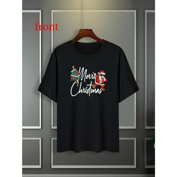 Men's Black T-Shirt Graphic Tees "Merry Christmas" Dancing Santa & Tree Holiday Design Shirts S-5XL Casual Daily Tops