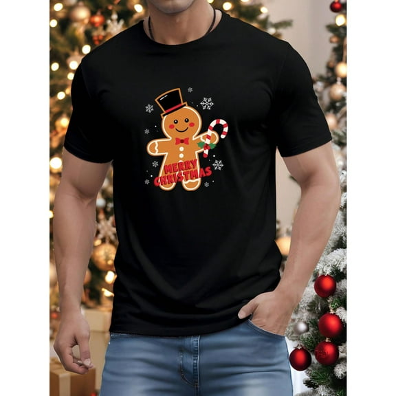 Men's Black T-Shirt Graphic Tees "Merry Christmas" Gingerbread Man With Candy Cane Holiday Design Shirts S-5XL Casual Daily Tops